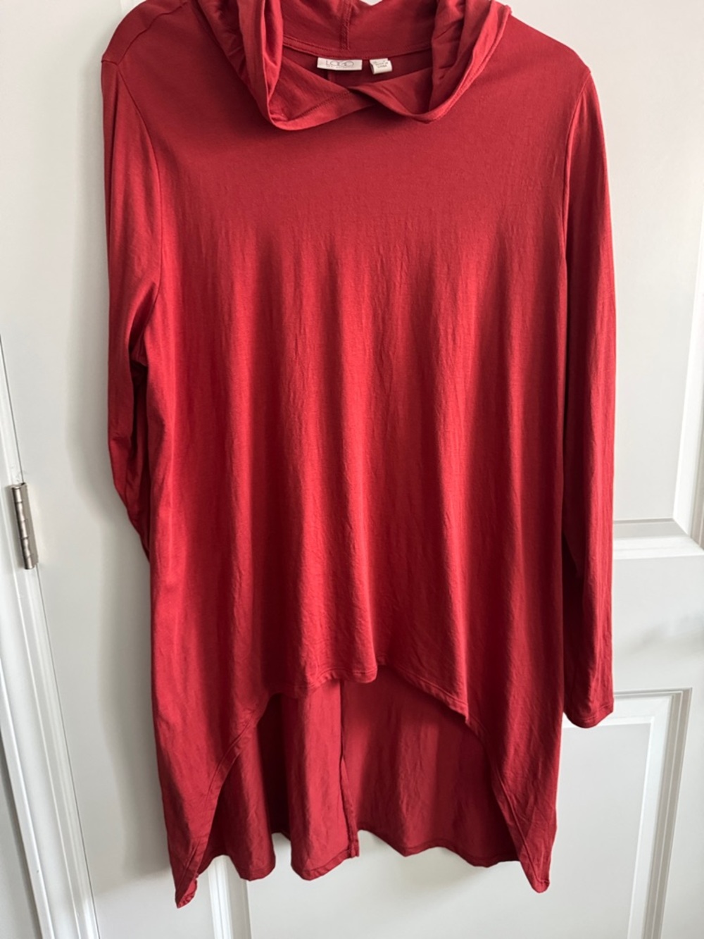 LOGO by Lori Goldstein Red Long Sleeve Hooded Tunic. High low. Cotton modal. L.